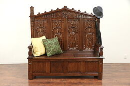 Gothic Belgian Antique Oak Hall Bench, Carved Knights & Lions #29849