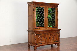 Dutch Antique Oak Bookcase or China Cabinet, Leaded Glass, Carved Figures #30003