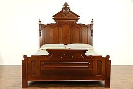Victorian Antique 1870 Hand Carved Walnut & Burl King Size Bed #32322