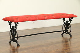Cast Iron Antique Bench, Lyre Ends, New Upholstery #32384
