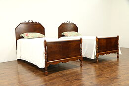 Pair of English Tudor Walnut & Curly Maple Antique Twin or Single Beds #32522