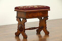 Victorian Antique Carved Walnut Slipper Bench, Needlepoint Upholstery #32622