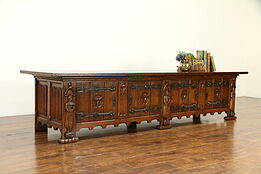 Oak Antique Low Cabinet, Window Bench, TV Console, Gothic Carved Knights #32723