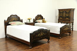 Bedroom Set, Twin Beds, Nightstand, Chest, Hand Painted Leather Widdicomb #32867