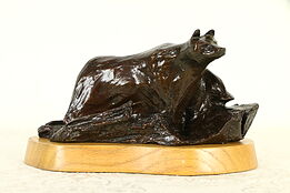 Bronze Bear Sculpture, Vintage Statue, Oak Base #32876