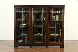 Oak Antique Triple Library Bookcase, Leaded Wavy Glass Doors #32913