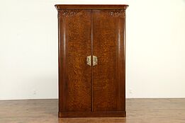 French Art Deco Antique Carved Oak & Ash Burl Armoire or Wardrobe #32929