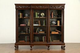 Oak Antique Triple Bookcase, Lion Heads, Claw Feet, Wavy Glass Doors #33060