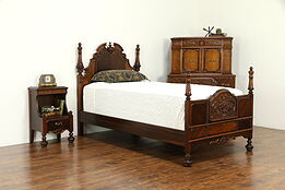 English Tudor Antique Bedroom Set, Twin Bed, Chest, Nightstand, Nypenn #33103
