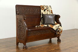 Oak Quarter Sawn Antique Hall Bench, Storage Seat, Carved Lion Heads  #33942