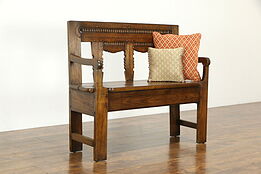 French Country Primitive Antique Carved Walnut Hall Bench, Inlaid Banding #33723