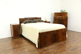 Art Deco Vintage 4 Pc Bedroom Set, Full Size Bed, Highboy, 2 Nightstands #34220