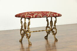 Cast Iron Antique Bench or Stool with Boy & Horn, New Upholstery #34748