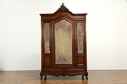 Oak Antique French Armoire, Wardrobe or Closet, Beveled Mirrors #34172