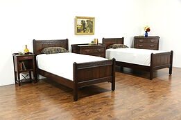 Oak Antique Tudor Bedroom Set 2 Chests, Twin Beds, Nightstand, Imperial #34173