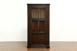 Oak English Vintage Armoire, Wardrobe or Closet, Linen Fold Carving #34749