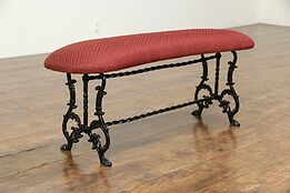 Iron Antique Kidney Shape 4' Bench, Paw Feet, New Upholstery #34952