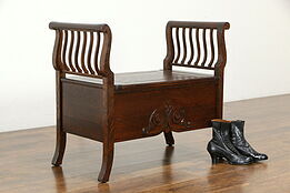 Victorian Antique Quarter Sawn Oak Hall Bench, Scrolled Arms #34147