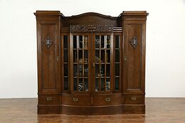Carved Oak Antique German Library or Office Bookcase, Beveled Glass #35597