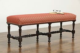 English Tudor Antique 1920 Walnut Bench, New Upholstery #33616