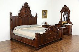 Victorian Antique Walnut Bedroom Set, King Size Bed, 2 Chests Marble Tops #35359