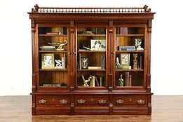 Victorian Eastlake Antique Library or Office Walnut Triple Bookcase  #35772