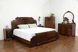 Art Deco Waterfall Design 1930's Vintage 5 Pc. Bedroom Set, King Size Bed #36262