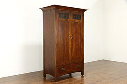 Cherry Craftsman Vintage Armoire Cabinet, Leaded Glass, Romweber #36721