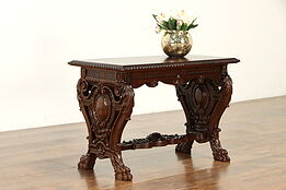 Walnut Antique End Table or Bench, Carved Lion Paws #36138
