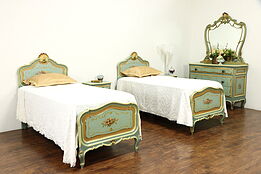 Hand Painted Antique Italian 5 Pc Bedroom Set, Twin Beds #36140