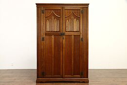Oak Antique Farmhouse English Tudor or Craftsman Armoire Closet, Wardrobe #36655