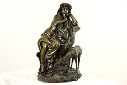 Bronze Vintage Sculpture of Young Woman with Flowers and Fawn #36674