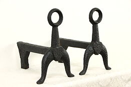 Pair of Cast Iron Antique Fireplace Andirons, Ring Tops #37065