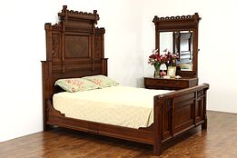 Victorian Eastlake Antique Walnut 2 Pc Bedroom Set Queen Size Bed, Marble #33947