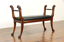 Mahogany Vintage Leather Bench, Carved Lion Heads & Paw Feet, Henredon #36939