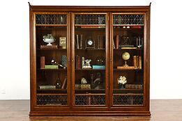 Arts & Crafts Antique Craftsman Oak Leaded Glass Triple Office Bookcase #37097