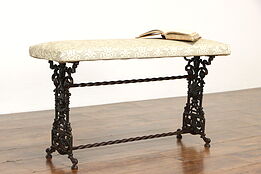 Cast Iron Antique Bench, Lion Heads & Torches, New Upholstery #37727