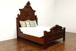 Victorian Antique Carved Walnut & Grained Burl Queen Size Bed #36114