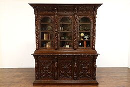 Black Forest Antique Carved Oak Office or Library Bookcase, China Cabinet #38024