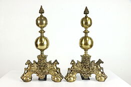 Pair of Antique Brass Andirons, Flame Finials, Lion and Pegasus Motifs #38108