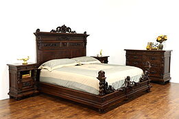 Renaissance Antique Italian Bedroom Set, King Bed, Dresser, Nightstands #36025