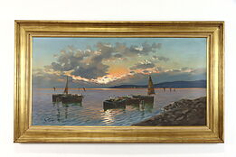 Italian Boat and Shore Original Oil Painting on Canvas, De Luca, 56" #37056