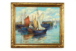 Fishing Boats at Harbor Original Antique Oil Painting, Stone 32" #38366
