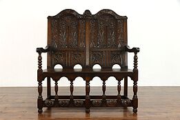 English Tudor Antique Carved Oak Hall or Entryway Bench, Paine of Boston #39192