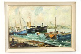 Fishing Boats at Harbor Original Vintage Oil Painting, 1966 Turner 40"  #39276