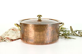 Farmhouse Vintage French Copper Dutch Oven with Lid & Brass Handles #37964