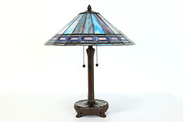 Arts & Crafts Vintage Leaded Stained Glass Shade Office or Library Lamp #39985