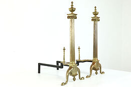 Pair of Antique Georgian Design Classical Brass Fireplace Andirons #39344