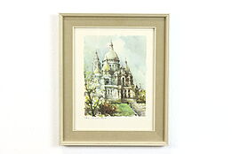 Sacre Coeur Cathedral of Paris Vintage Watercolor Print, Delarue 17.5" #39974