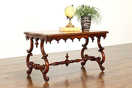 Georgian Style Vintage Carved Walnut Coffee Table, Tooled Leather Top #38989